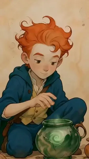 A young boy kneels, releasing a faint green ribbon of wind from a cracked jar into a dead forest, which begins to bloom.