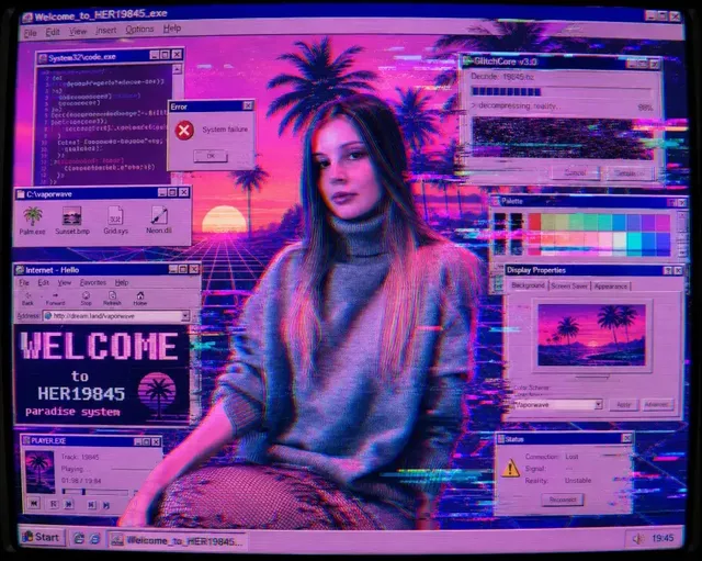 Digital glitch art illustration of a vaporwave scene with a central figure, tropical beach, neon grid, and distorted Windows 98 GUI windows, featuring chromatic aberration, scanlines, and compression artifacts in an acid neon color palette.