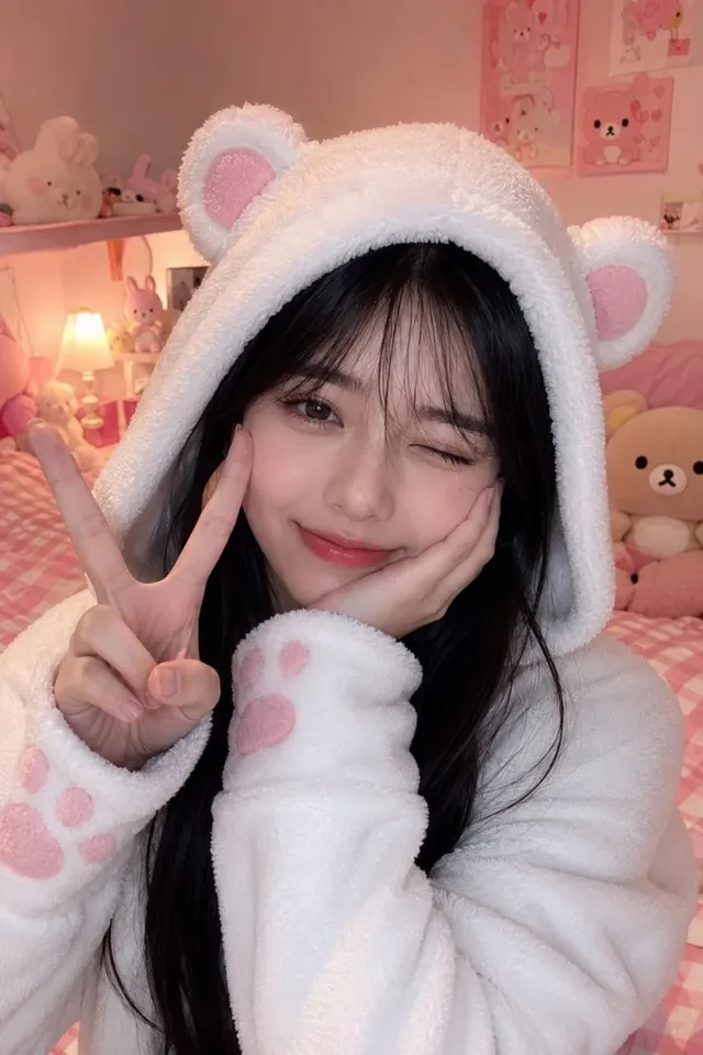 Close-up selfie of a young woman with a playful expression, wearing a white bear-ear hoodie, in a pastel pink bedroom decorated with kawaii items.