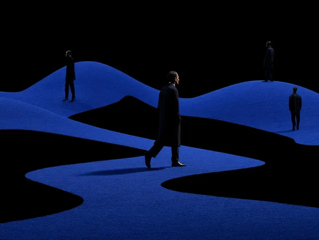 Several figures in dark overcoats walk across rolling hills covered in textured blue material, set against a pure black background, creating a surreal and minimalist desert-like scene.