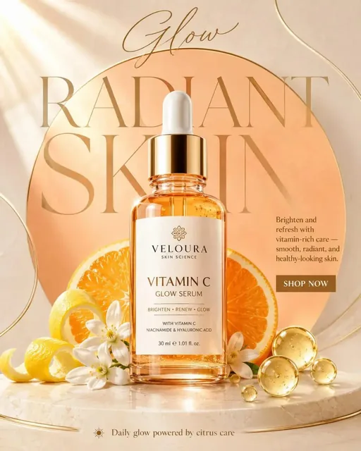 Luxury vitamin C serum bottle with golden liquid, surrounded by orange slices, lemon peels, and citrus blossoms on a marble pedestal, with 'RADIANT SKIN' text in the background.
