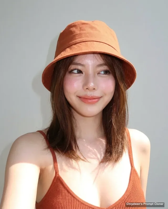 Chest-up candid portrait of a young Korean woman with a soft smile, wearing a burnt-orange bucket hat and camisole, with dewy skin and playful sideways glance, captured with early 2000s digital camera flash.