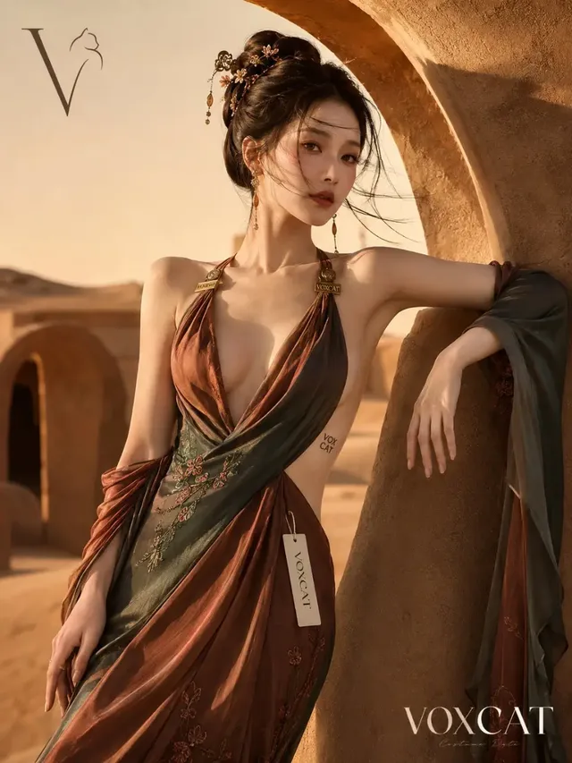 Adult female model in a terracotta silk haute couture gown, leaning against a desert archway at sunset. Minimalist architecture and golden hour lighting. Subtle 'VOXCAT' branding on dress and signature.