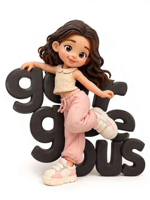 Cute handmade clay character in a dynamic dancing pose, leaning on large black letters spelling 'handsome', against a white studio background. Pastel colors, matte texture.