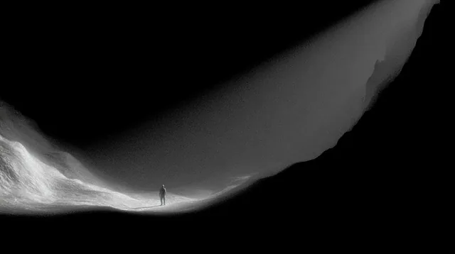 A lone figure silhouetted against a stark, dark landscape, with a powerful beam of light cutting through the darkness.