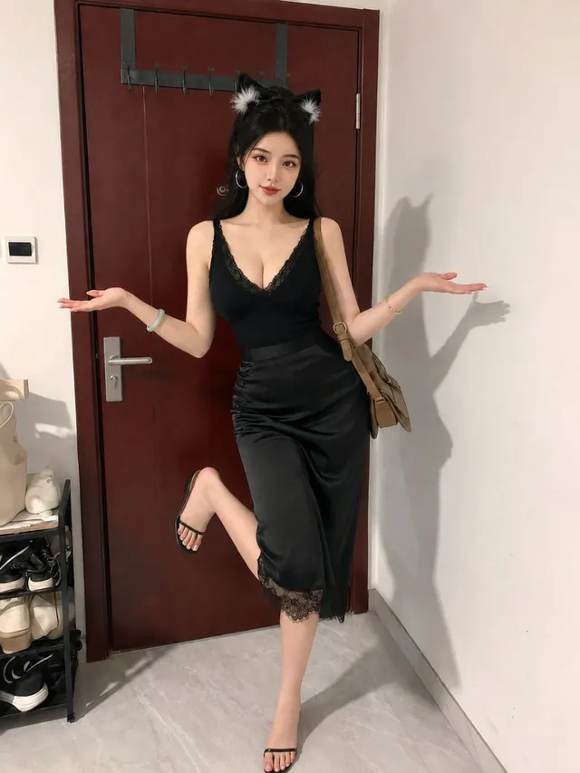 Photorealistic full-body portrait of a beautiful East Asian woman with long black hair, wearing a black camisole, satin midi skirt, and cat-ear headband, posing playfully in an apartment entryway.