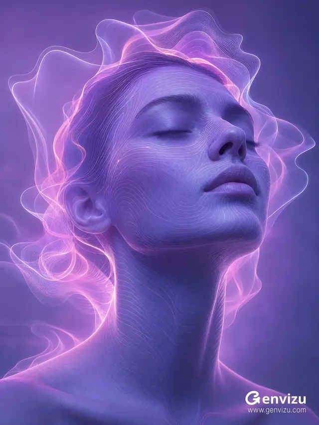 Close-up surreal portrait of a woman with lavender-blue skin, eyes closed. Her face is adorned with intricate, glowing topographic contour lines and surrounded by semi-transparent luminous bands. The background is a soft, hazy violet gradient.