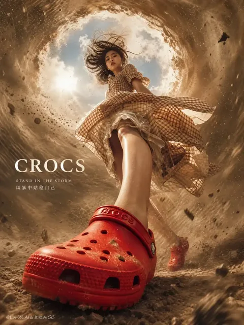 A woman stands powerfully inside a swirling dust vortex, wearing a wind-blown dress. A giant, hyper-realistic red Crocs clog is in the extreme foreground, amplified by an ultra-wide, low-angle perspective.