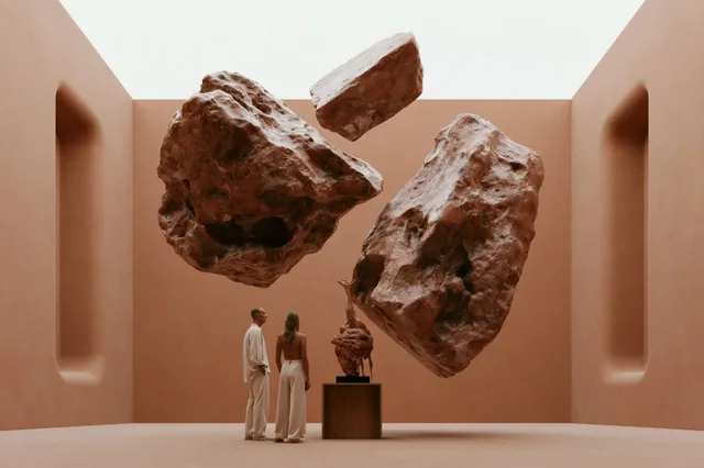 A wooden modernist chair sits on a reddish-brown floor inside a large, textured rock cave, with a calm sea visible in the distance under a pale sky.