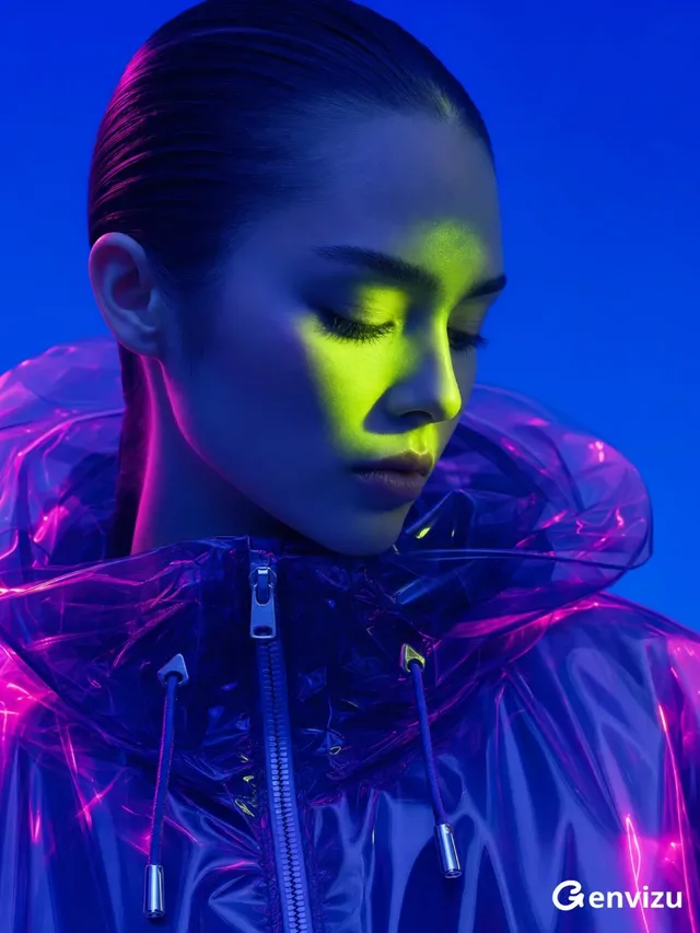 Close-up, slightly high-angle shot of an adult woman's bust, facing forward with head turned slightly right, eyes closed. She wears a translucent deep blue-purple hooded jacket with a high collar and zipper. Neon magenta and yellow-green light reflections highlight her features and clothing against a solid cobalt blue background.