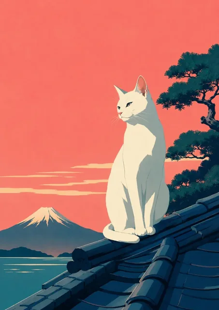 A stylish Japanese fashion illustration with elegant lines and a reserved expression, rendered in a retro travel poster style with flat colors and a limited palette.