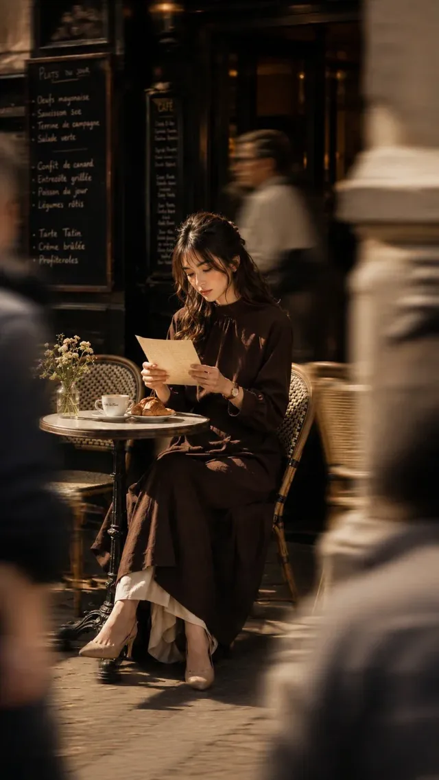 Full-body candid street photograph of a young East Asian woman sitting alone at a Parisian cafe table, resting her cheek on her hand while looking at a menu, with blurred pedestrians in the foreground and warm golden hour light.