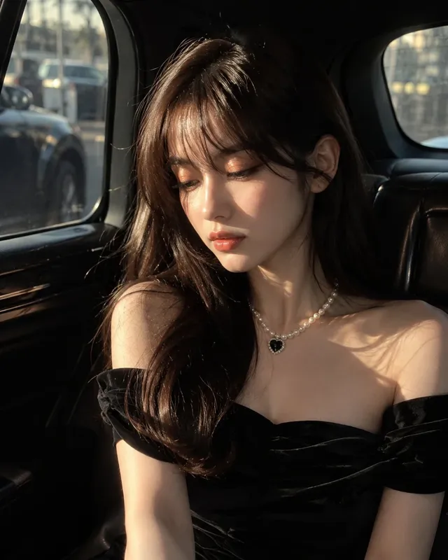 Ultra-realistic cinematic portrait of a beautiful young woman with long dark hair, wearing an elegant black off-shoulder dress and pearl necklace, looking down dreamily inside a luxury car with golden sunlight.