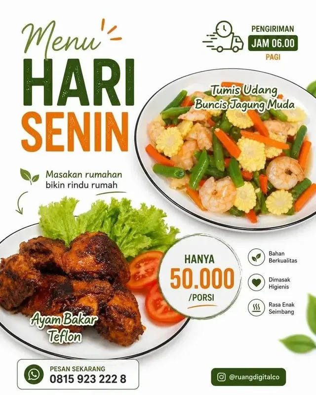 Indonesian food promotion flyer with text 'Menu Hari Senin', images of stir-fried shrimp and grilled chicken, price badge, and contact information.