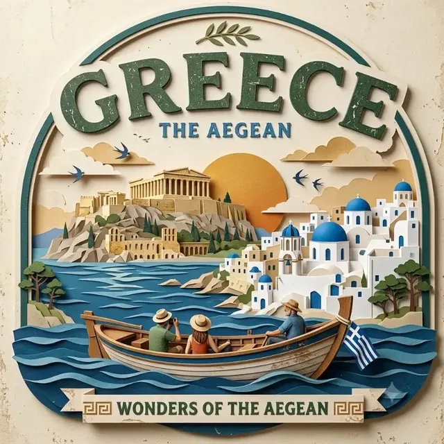 Vintage travel poster badge with mixed-media elements like papercraft, low-poly 3D, and clay, featuring a destination's landmarks and cultural details.