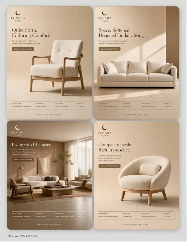 A 2x2 grid of four rounded-corner cards showcasing luxury furniture and interior design for a real estate brand. Each card has consistent branding, typography, and a warm beige palette.