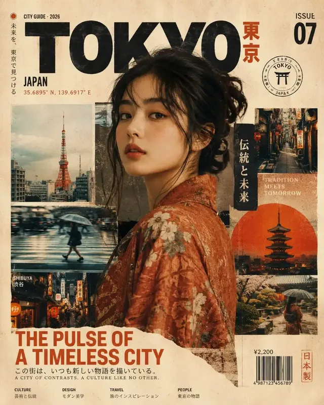 A luxury editorial magazine cover with a central subject, layered collage elements, bold typography, and a vintage screen-printed aesthetic, set against a warm ivory background with burnt orange and sepia accents.