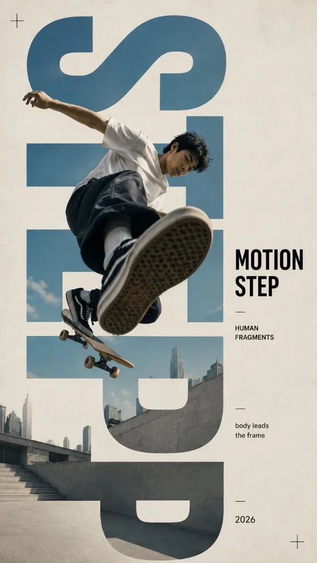 Editorial typography poster with a person integrated into oversized letters, showcasing a lifestyle moment with minimalist composition and negative space.