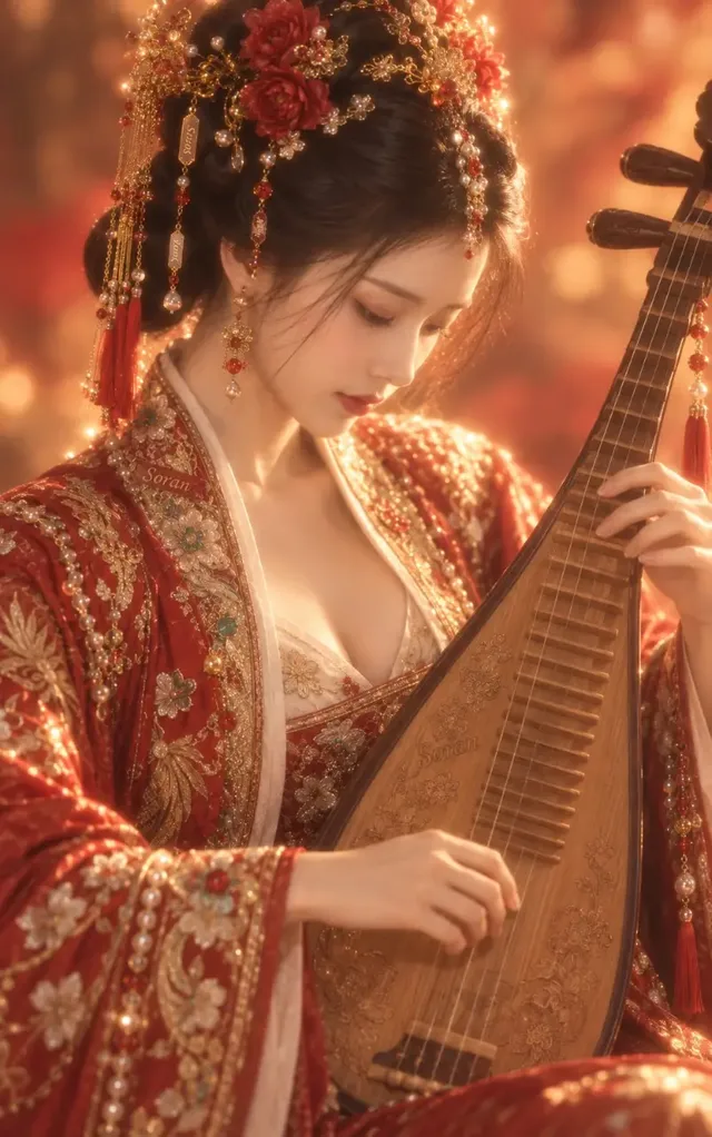Close-up portrait of an East Asian woman in traditional Chinese attire, wearing an elaborate headdress with gold and pearl ornaments and cascading tassels. Her head is bowed, and she has a serene expression. The background is a soft, warm bokeh.