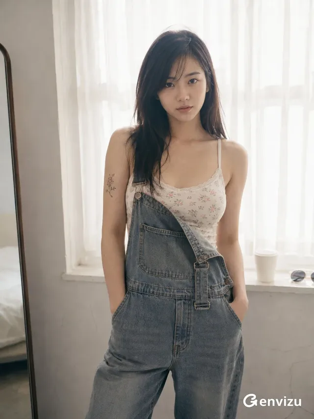 A young East Asian woman with straight dark hair and a reserved expression stands in soft backlight, wearing denim overalls over a floral camisole. Her hands are in her pockets, and she looks directly at the viewer.