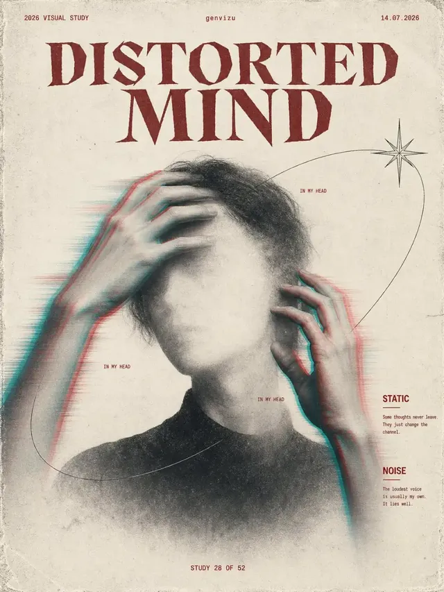 A vertical editorial poster with a distressed off-white paper texture. A pale, androgynous face is centrally placed, obscured by white mist. Hands with distorted RGB channels and motion blur reach towards the face. Gothic font titles 'DISTORTED / MIND' are at the top.