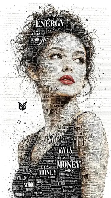 Typographic portrait of a young woman, her features formed by words and text.