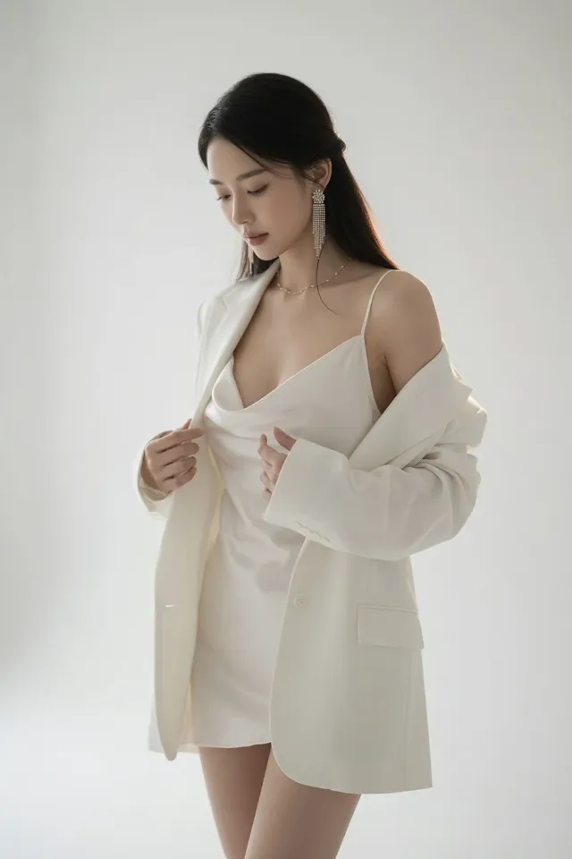 A young East Asian woman stands in a studio, wearing an ivory satin slip top and an oversized white blazer draped off one shoulder. She has long, dark, straight hair, is looking directly at the camera with a calm expression, and is adorned with delicate diamond earrings and a fine necklace. The background is a seamless gradient from white to light grey, with soft, even lighting creating subtle shadows and highlights.
