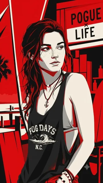 Minimalist graphic illustration in crimson, ivory, and charcoal, featuring bold geometric shadows and clean cel shading, inspired by fashion editorials.