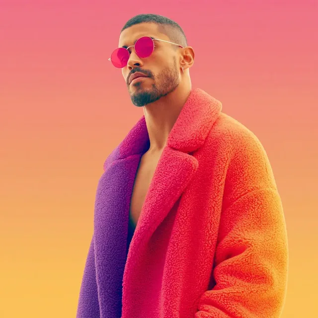 Man with pink sunglasses wearing a purple and orange fuzzy coat against a pink to yellow gradient background.