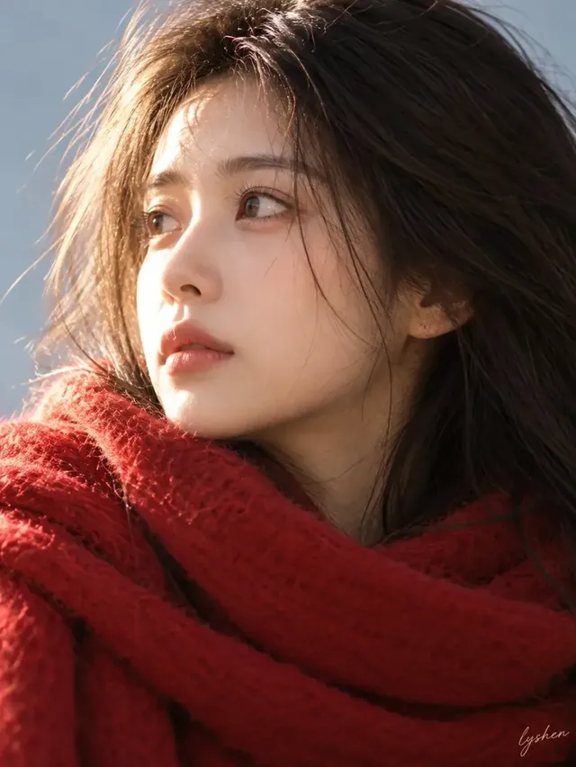 Close-up realistic portrait of an East Asian woman with calm expression, long dark hair, and gray-blue scarf under soft side lighting.