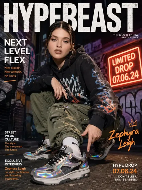 Korean woman in streetwear posing dynamically in an urban alley, highlighting holographic sneakers.