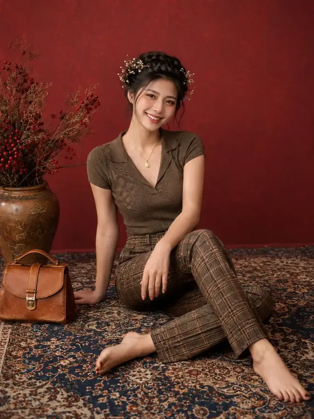 Elegant studio fashion portrait of a young woman smiling warmly, seated on a Persian rug, wearing plaid trousers and a knit top, with a braided updo and vintage handbag.