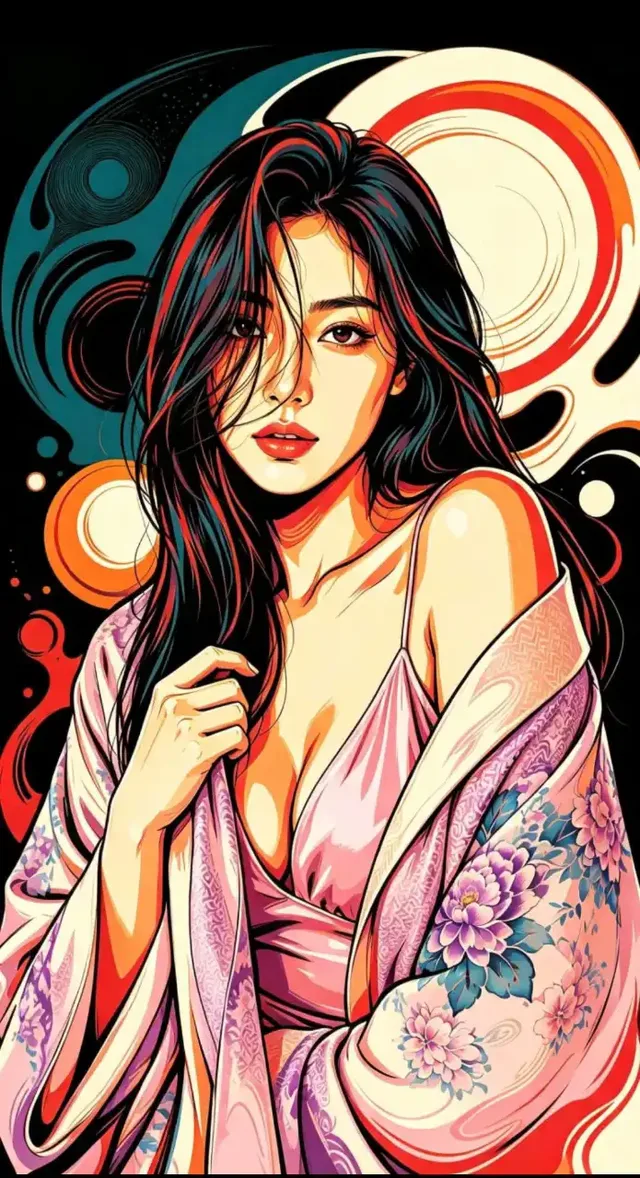 Stylized surreal portrait with bold contour linework, flat color blocks in teal, red, and orange, on a black background, featuring organic fluid shapes and circular elements.