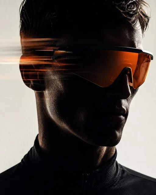 Close-up portrait of a male model's head and shoulders, wearing futuristic oversized orange visor goggles, face mostly in shadow with motion blur streaks on the left.