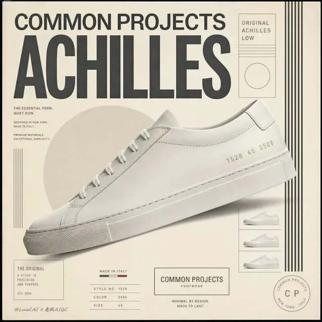 A hyper-realistic Common Projects Achilles Low sneaker is centrally featured on a minimalist, retro-inspired editorial poster with clean typography and muted colors.