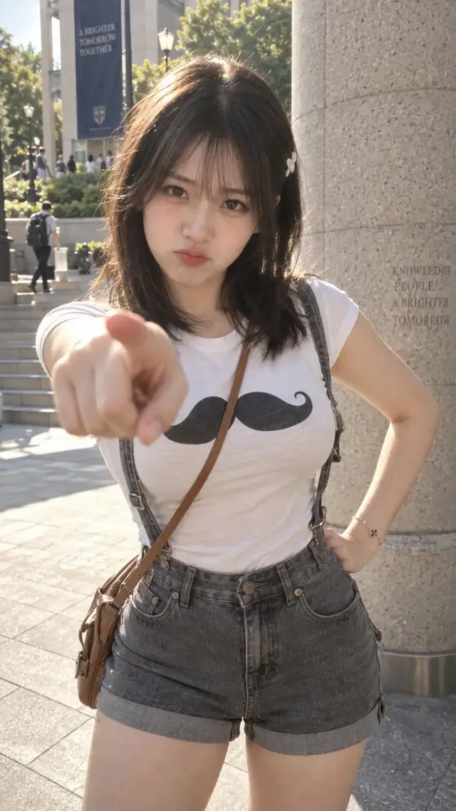 A 20-year-old East Asian woman with dark hair and bangs, wearing a white baby tee with a mustache print and denim suspender shorts, points directly at the camera with her right index finger while her left hand is on her hip.