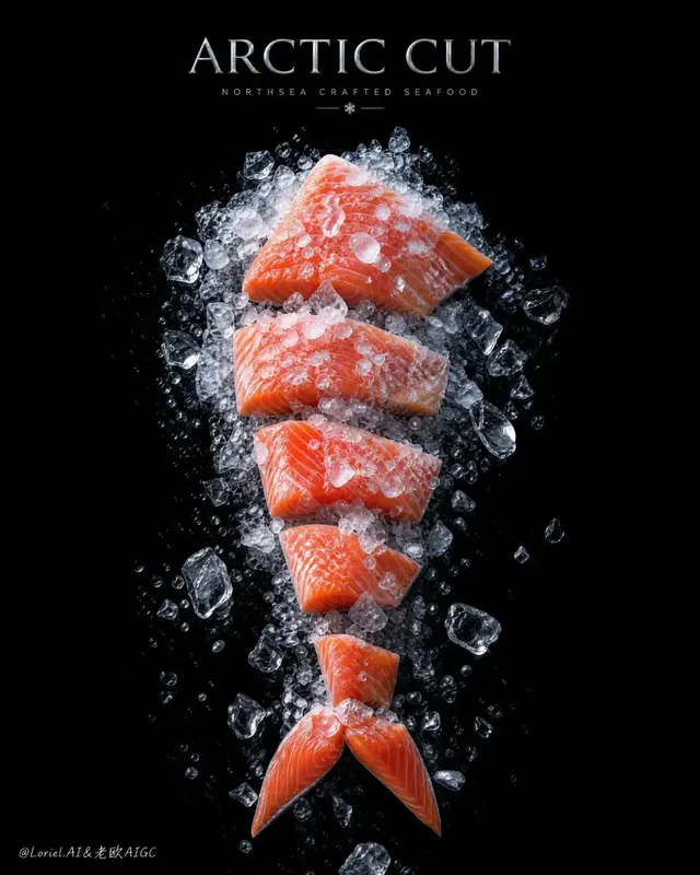 Three cooked crabs stacked vertically on crushed ice against a pure black background, captured in a top-down studio perspective with cold, sharp lighting emphasizing luxury and freshness.