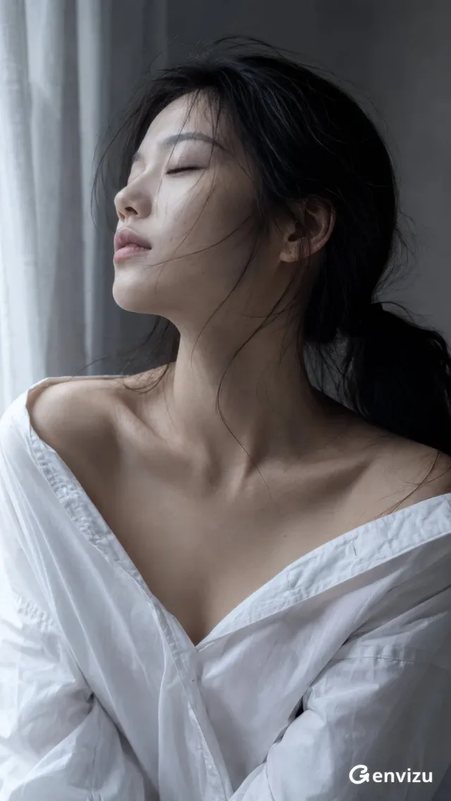 Close-up 9:16 portrait of a 20-year-old East Asian woman with eyes closed, in a three-quarter left profile, wearing an oversized white shirt slipped off both shoulders, illuminated by cool window light.