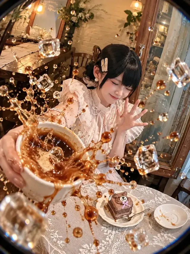 Dynamic fisheye shot capturing a sudden iced drink splash with exaggerated perspective and authentic character reactions.