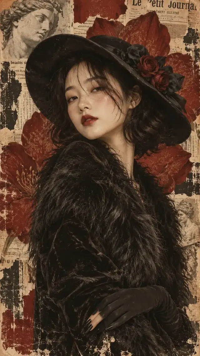 Vintage collage portrait of a woman in a black hat and fur stole against a background of crimson petals and torn newspaper.