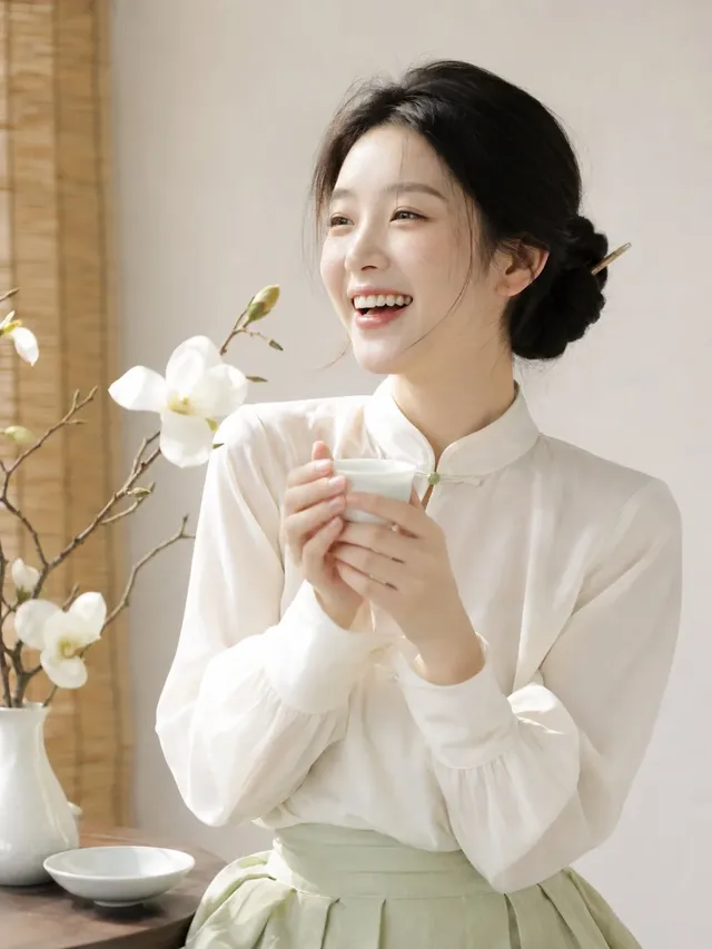 A young Korean woman with delicate features and a subtle smile, wearing a pale blue and white outfit, framed by a wooden window, in a soft-focus studio setting.