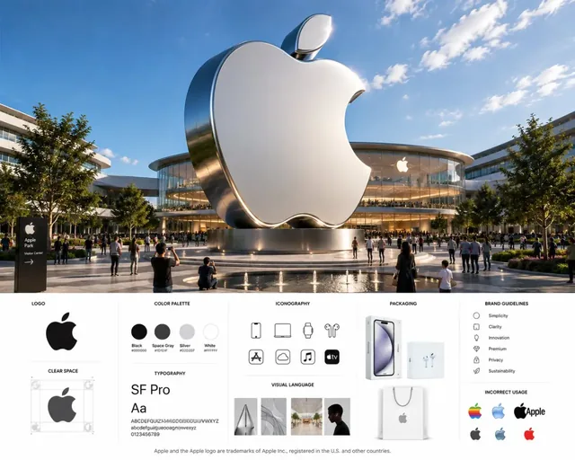 An enormous, hyper-realistic 4D brand logo monument dominates a luxury plaza under a blue sky, with people visible to show scale. The brand's headquarters and a Swiss design panel are in the background.