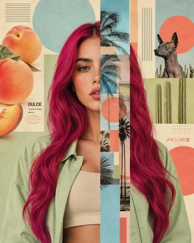 A highly realistic, symmetrical portrait with a bold, graphic translucent overlay replacing a significant vertical section of the face and chest, against a flat pastel poster background with geometric elements.