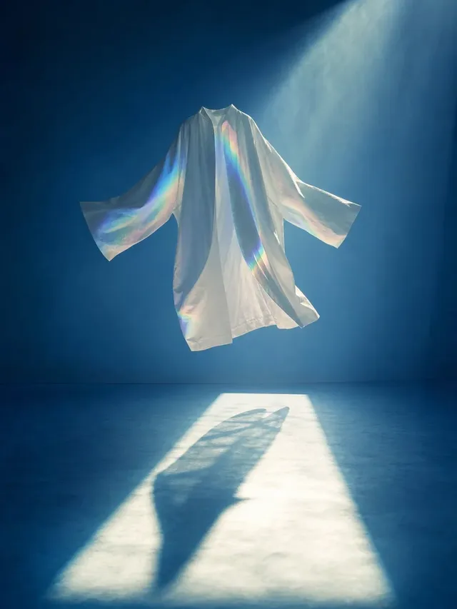 A minimalist surreal installation featuring an oversized white garment suspended in mid-air above a luminous rectangle of sunlight, with rainbow diffraction light on its folds.