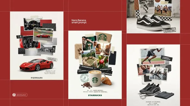 A scrapbook-style collage poster for a brand, with a 3D render of their product at the bottom, layered with photos, material swatches, and tape.