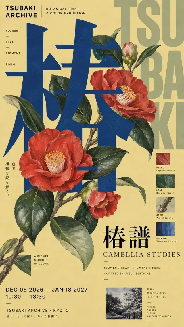 A sophisticated Japanese-style editorial poster with giant typography and dynamic text-image interaction.