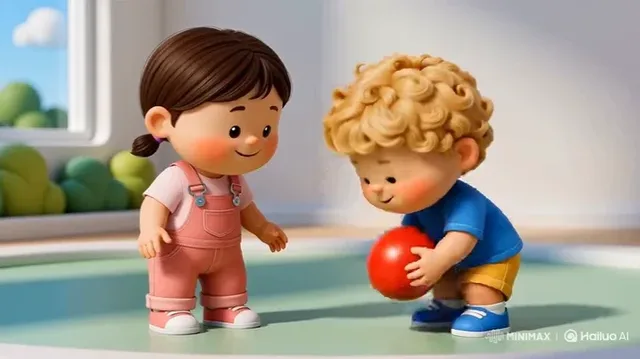 3D animation still of two cute children in a playground, one returning a ball to the other, with the text 'THANK YOU' and 'MERCI' visible.