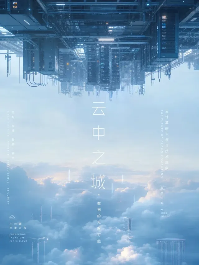 Sci-fi book cover: An inverted silhouette of a data center with pipes and bridges hangs precariously above a vast, ethereal cloudscape. White, minimalist text is arranged in vertical columns, appearing to float within the misty atmosphere.