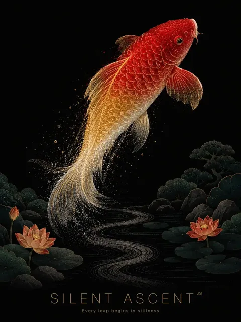 A vibrant koi fish ascending silently through ethereal water.