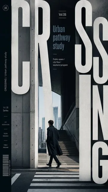 Poster with large, cropped letters forming a grid that frames a person walking through a city street.